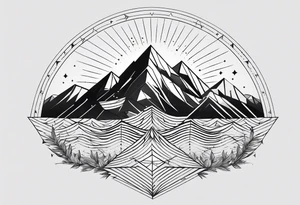 Mountain Massif, one Peak, only peak surrounded woth semi circle dashed Line, in semi circle two littel fine Stars, waves overlapping in Side, Open geometrical Forms Like Diamond with Open lines tattoo idea