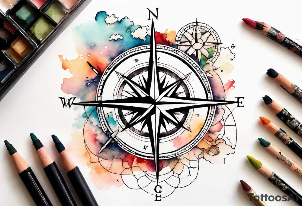 Travel themed for thigh, compass rose overlaid with a map spilled watercolor tattoo idea