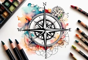 Travel themed for thigh, compass rose overlaid with a map spilled watercolor tattoo idea