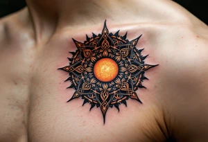 A rich copper-colored Celtic sun with black knots winds in symmetry around the navel. tattoo idea