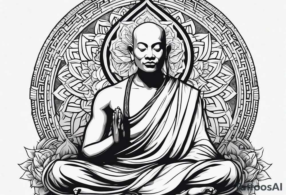 Monk head facing down meditating while doing namaste hand full body tattoo idea