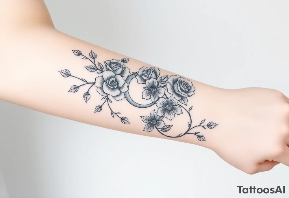 Roses wild flower vines with moon and stars mountains wrap around arm forest tattoo idea
