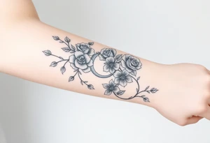 Roses wild flower vines with moon and stars mountains wrap around arm forest tattoo idea