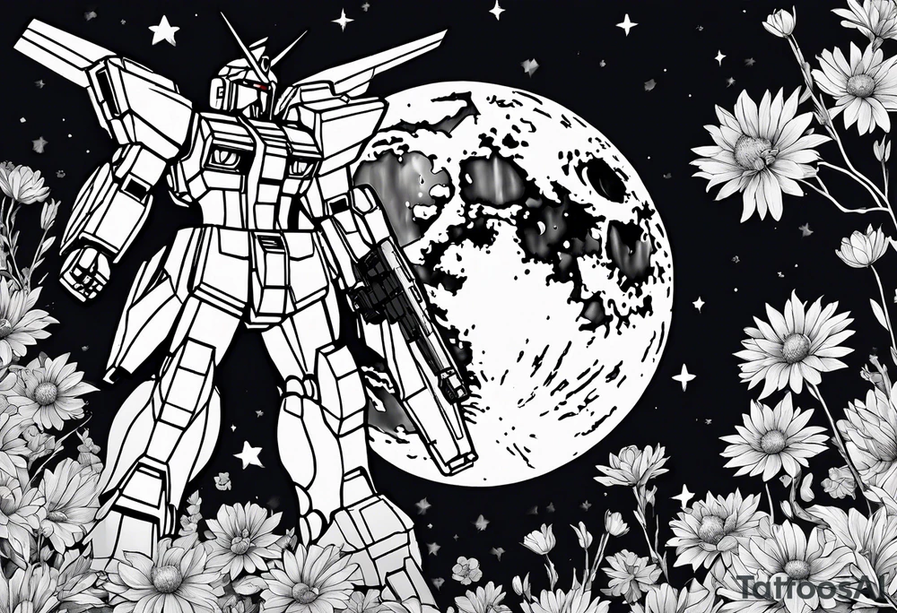 gundam, flying over moon, falling flowers, line art tattoo idea