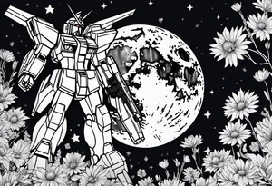 gundam, flying over moon, falling flowers, line art tattoo idea