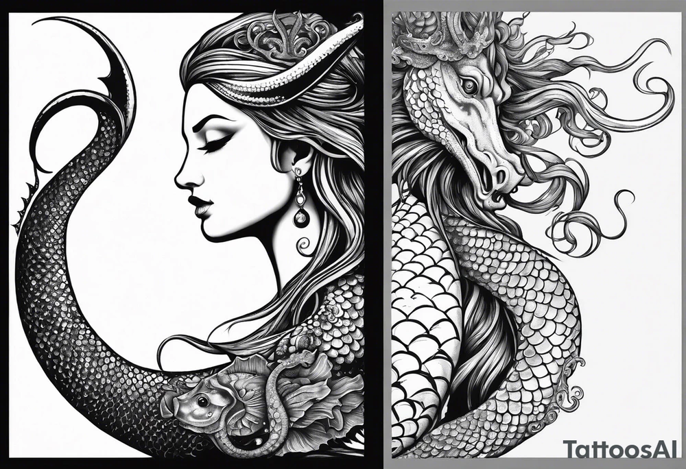 Big Side profile mermaid with trident & horns, crown looking at evil seahorse face to face. Tattoos on skin and scales showing, octopus tentacles wrapped around. Half arm tattoo tattoo idea