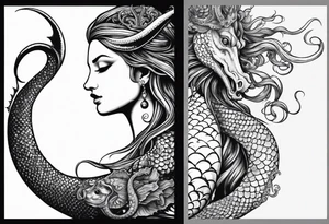 Big Side profile mermaid with trident & horns, crown looking at evil seahorse face to face. Tattoos on skin and scales showing, octopus tentacles wrapped around. Half arm tattoo tattoo idea