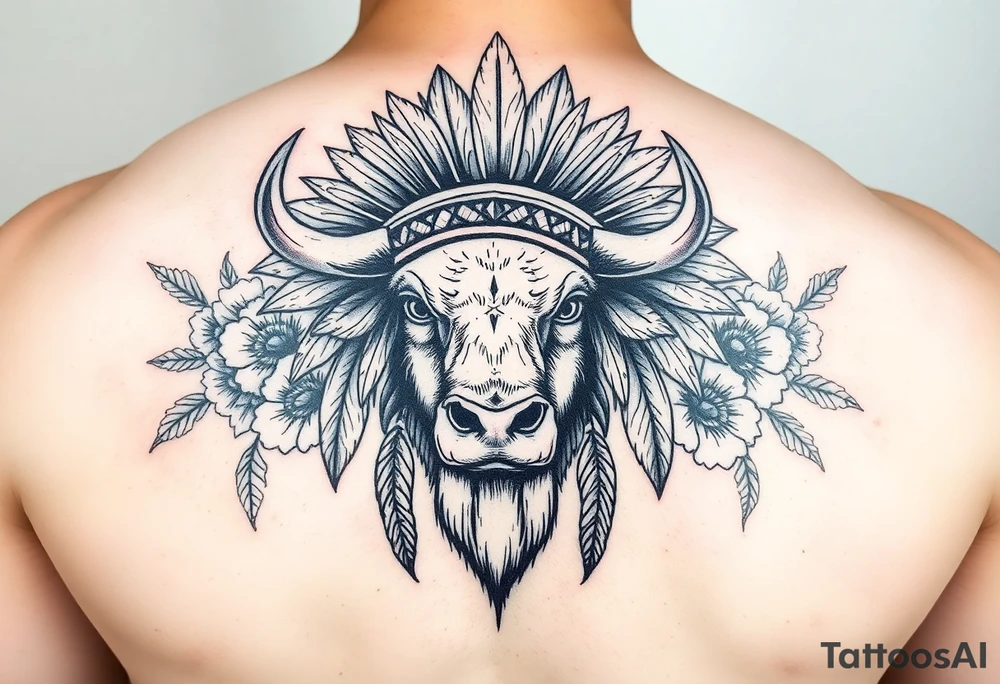 powerful majestic white buffalo with an native American headdress surrounded by flowers tattoo idea