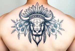 powerful majestic white buffalo with an native American headdress surrounded by flowers tattoo idea