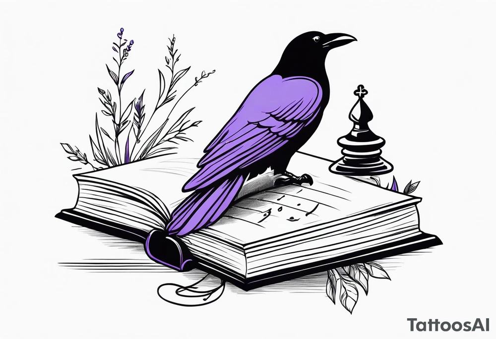 an open book with a raven flying over, a pawn chess piece to the right, a single music note just above, a sprig of lavender on top of the book tattoo idea