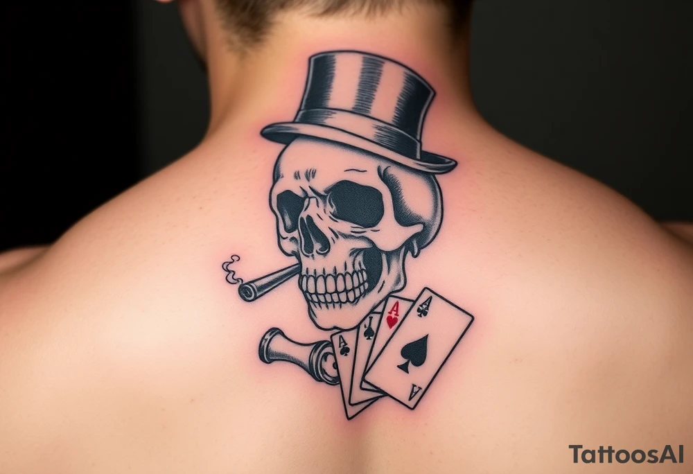 skull with mustache, cigar in his mouth,top-hat on his head and playing cards in his hand. tattoo idea