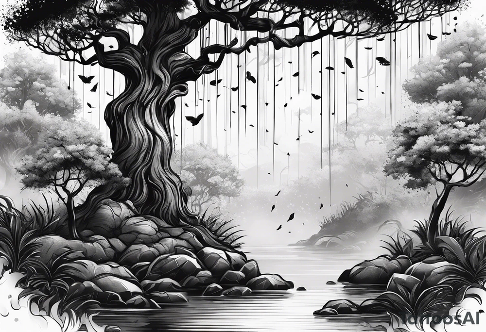 Árvore  de salgueiro 
com galhos grandes em um estilos melancólico  de dia de chuva tattoo idea
