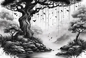 Árvore  de salgueiro 
com galhos grandes em um estilos melancólico  de dia de chuva tattoo idea