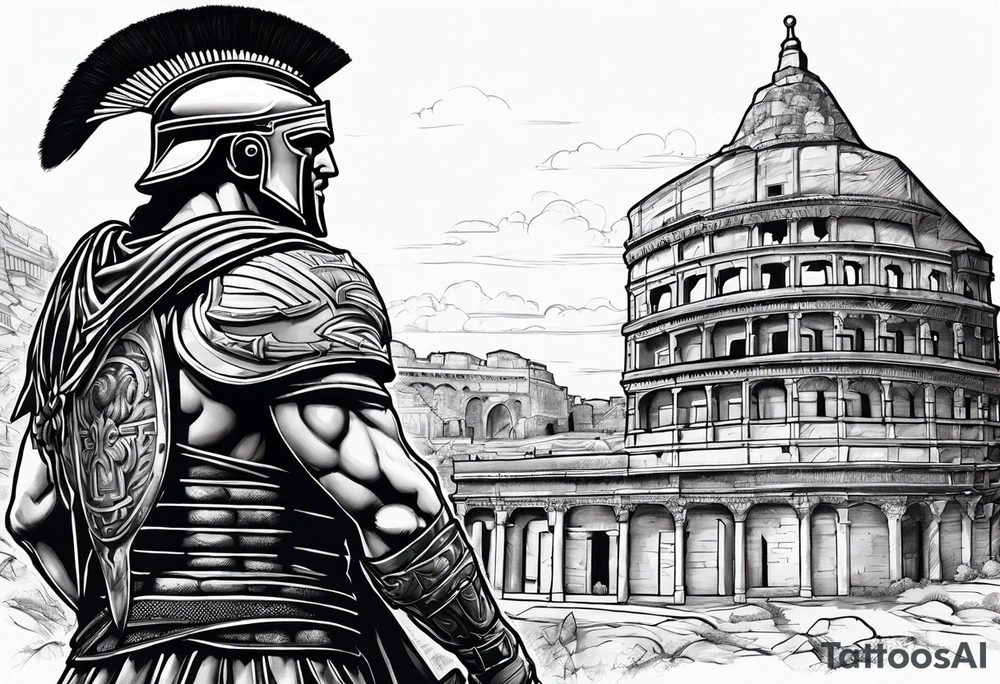 Side profile of spartan soilder with Roman buildings tattoo idea