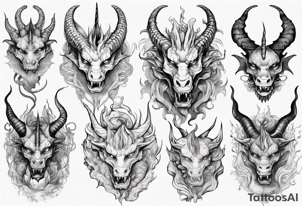 dragon with horns, mane, scales all over the body tattoo idea