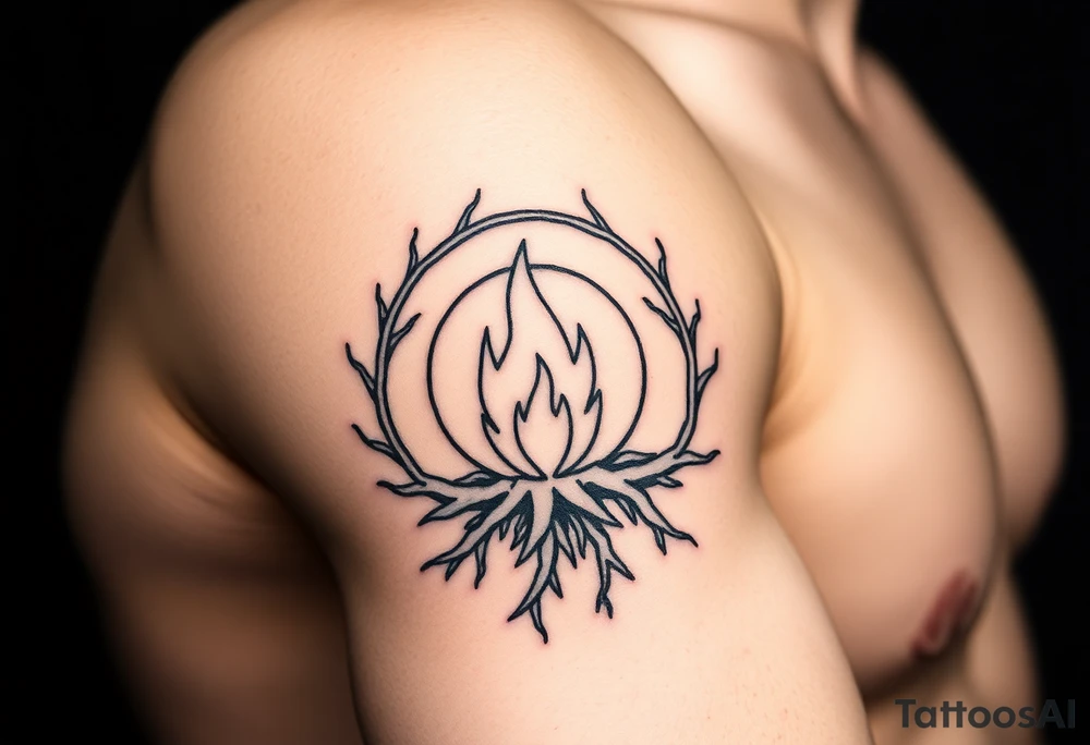 a round flame imprisoned in a roots circle tattoo idea