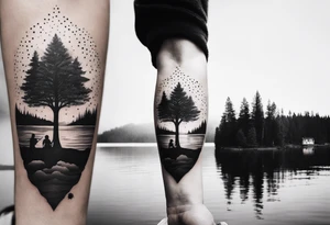 forearm tattoo set on a lake. At the bottom of the tattoo there is a dock with a little boy fishing and a little girl reading. There are trees surrounding the lake. tattoo idea