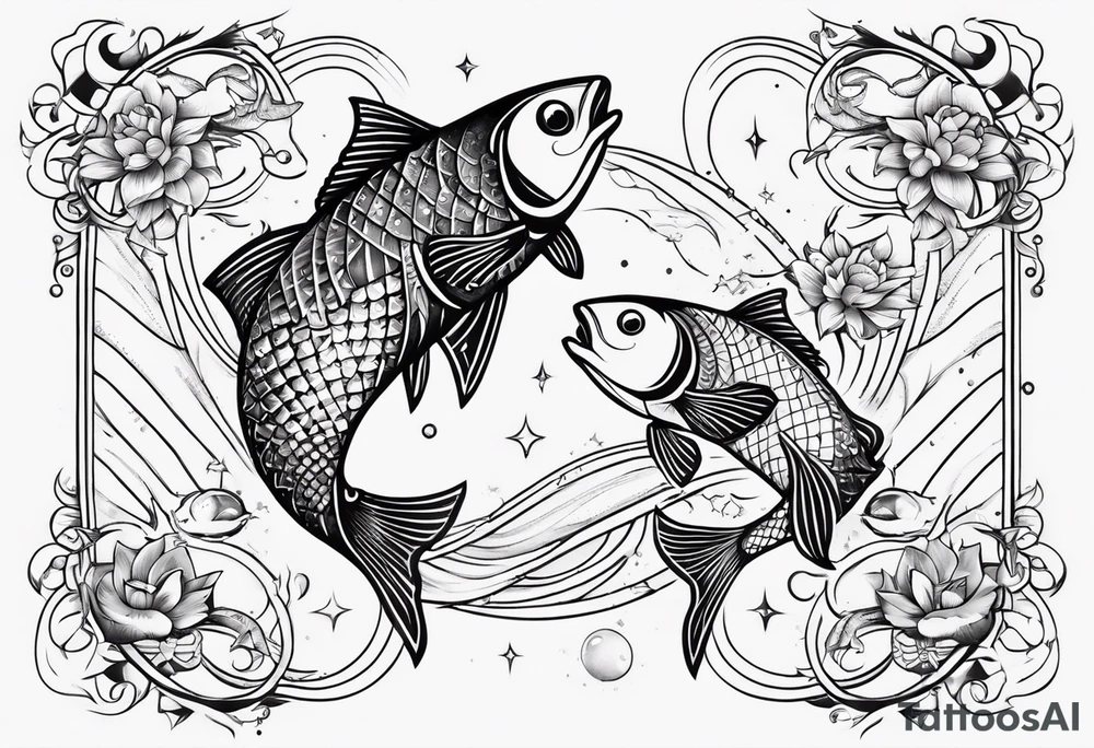 A 1/2 sleeve with 2 pisces fish incorporate sigils and cosmos in background tattoo idea