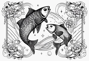 A 1/2 sleeve with 2 pisces fish incorporate sigils and cosmos in background tattoo idea
