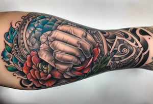 pertruding pain human tissue on arm tattoo idea