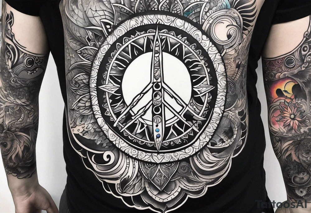 Arm sleeve tattoo with spiritual symbols, sun and moon, 7 chakras, peace symbol and strength that is a mixture of the divine feminine and masculine tattoo idea