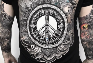 Arm sleeve tattoo with spiritual symbols, sun and moon, 7 chakras, peace symbol and strength that is a mixture of the divine feminine and masculine tattoo idea