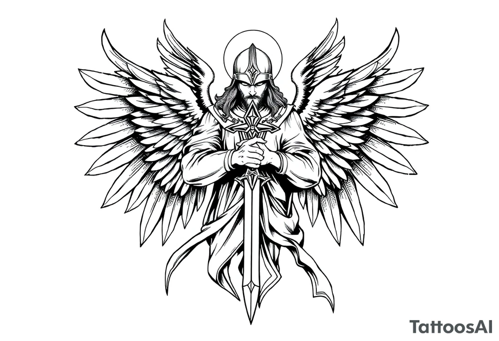 Holy Archangel, Biblical, Christianity, Hebrew, Guards of Christianity, Holding a sword, has six wings, wearing helmet, halo, seraphim, seek justice tattoo idea