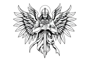 Holy Archangel, Biblical, Christianity, Hebrew, Guards of Christianity, Holding a sword, has six wings, wearing helmet, halo, seraphim, seek justice tattoo idea