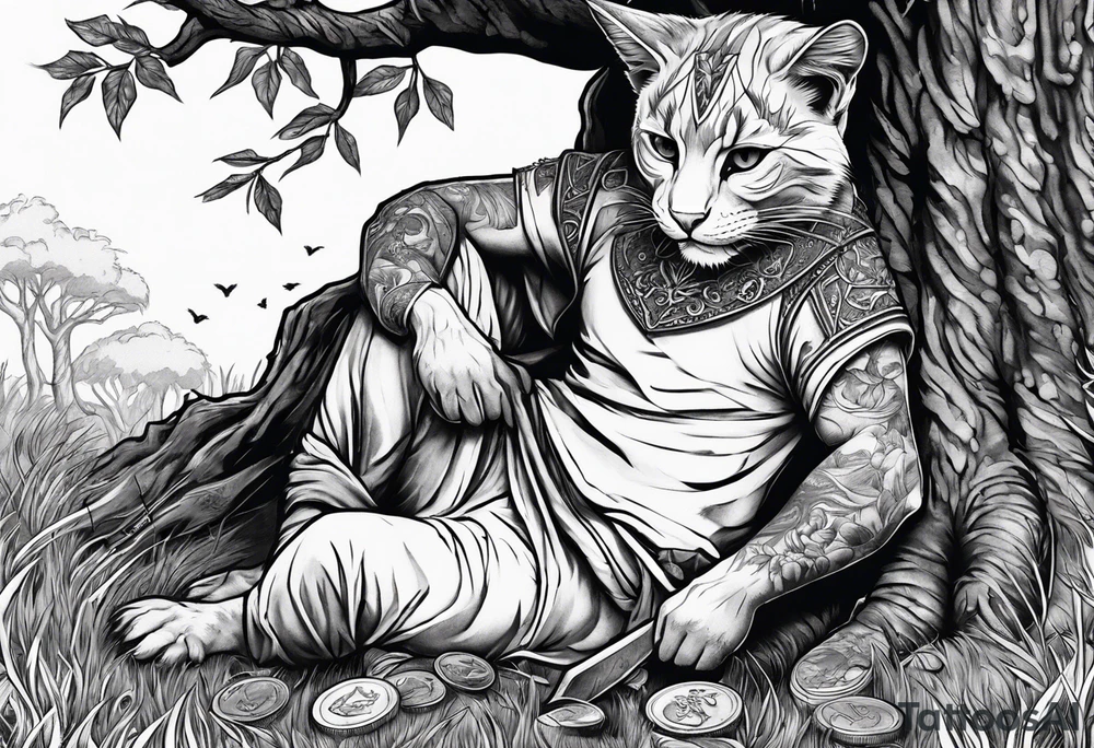 Khajiit sitting under an oak tree with a dagger and coin purse tattoo idea