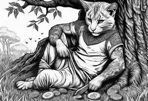 Khajiit sitting under an oak tree with a dagger and coin purse tattoo idea