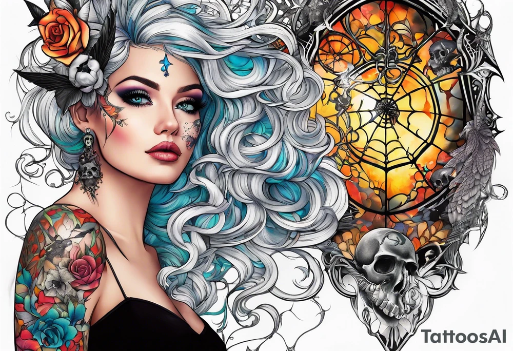 Full sleeve with fairy’s and skulls and spiderwebs tattoo idea