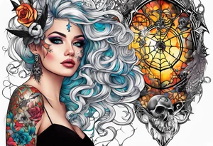 Full sleeve with fairy’s and skulls and spiderwebs tattoo idea