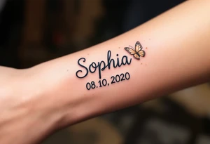 Sophie 08 10. 2020 – Soft peach and coral tones around Sophia's birthdate, adorned with butterfly wings and small gold sparkles. tattoo idea