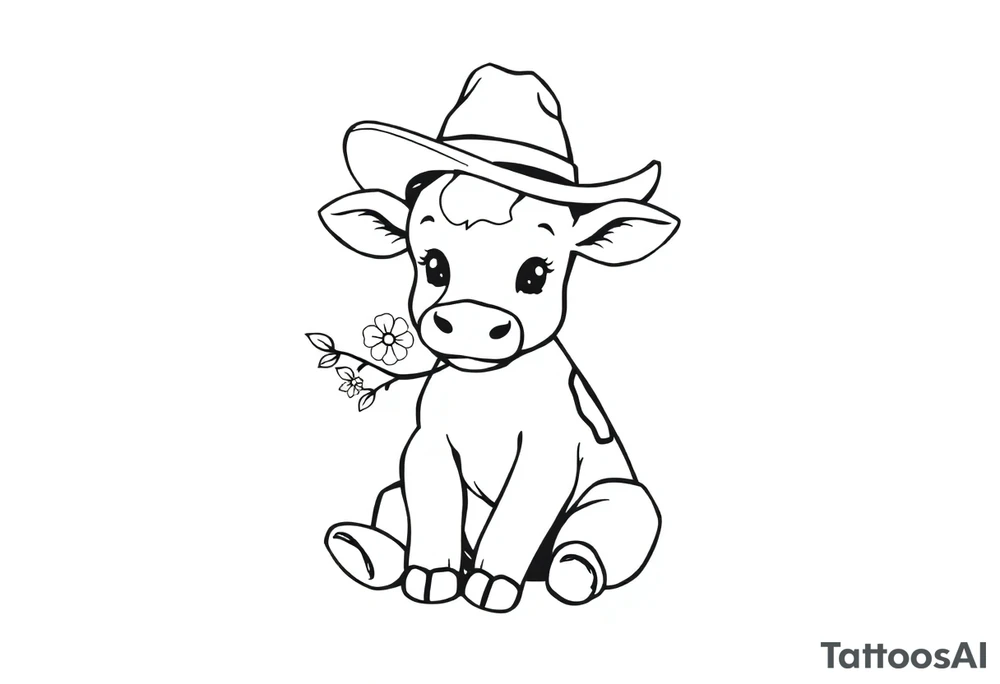 cute black and white baby cow sitting wearing a cowboy hat with a flower in mouth tattoo idea