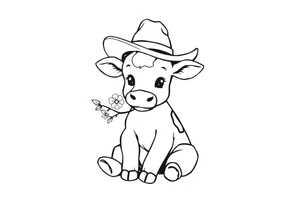 cute black and white baby cow sitting wearing a cowboy hat with a flower in mouth tattoo idea