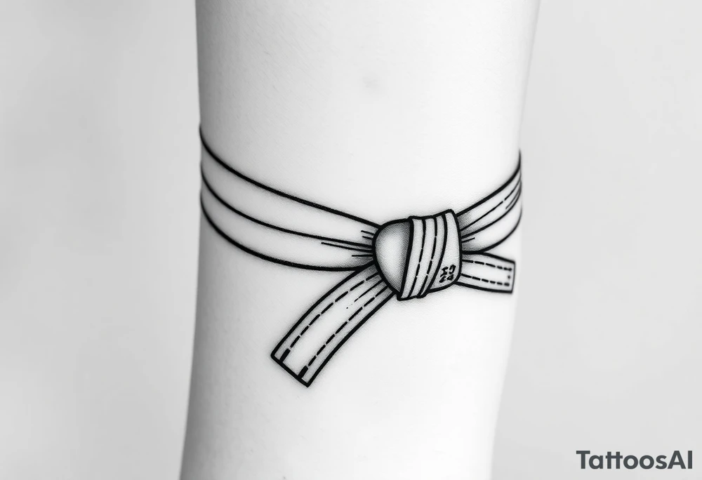 A realistic black and gray tattoo of a Brazilian Jiu-Jitsu black belt wrapping around the wrist like a bracelet. The belt is tied in a knot with one end showing the number 30 and the other showing 24. On the flat end of the belt, two Japanese kanji characters are inked in white: 成長 (growth) and 忍耐 (perseverance). The belt has subtle stitch marks and worn, textured shading for a slightly distressed, authentic look. tattoo idea