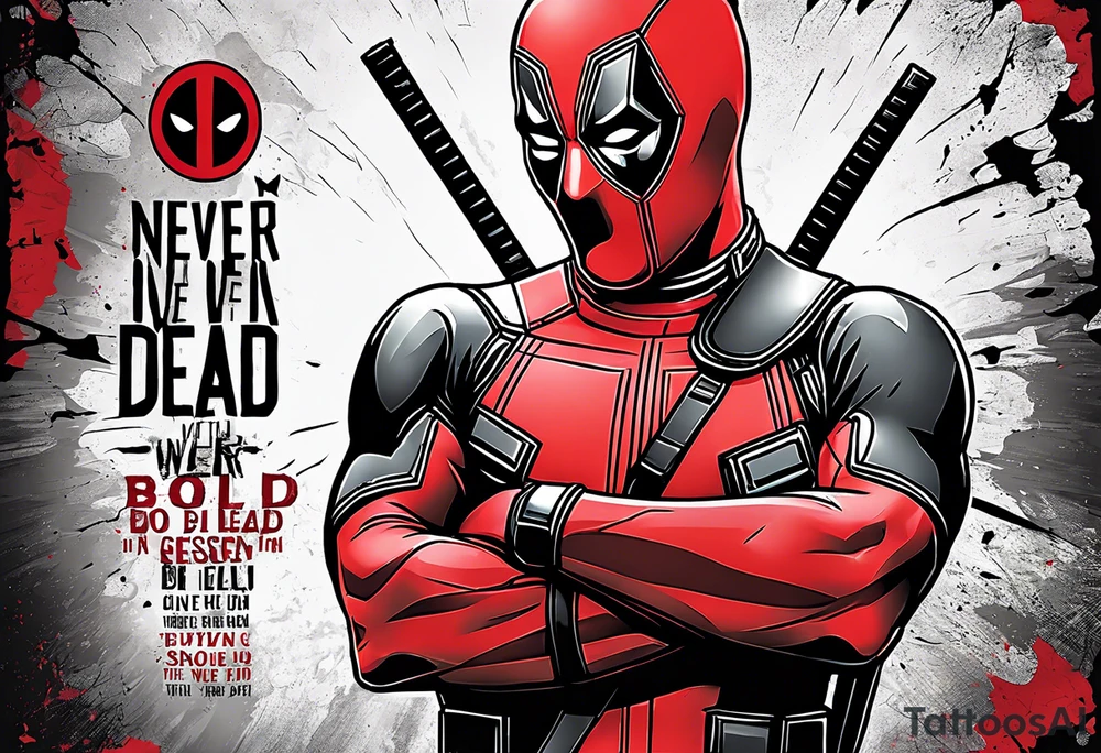 Banner with Text: A worn, dark banner wraps around Deadpool with the phrase "NEVER DEAD" in bold, cracked letters that give a strong and aggressive impression. The banner has small torn details, as if it’s been through rough conditions, with shading that adds depths. tattoo idea