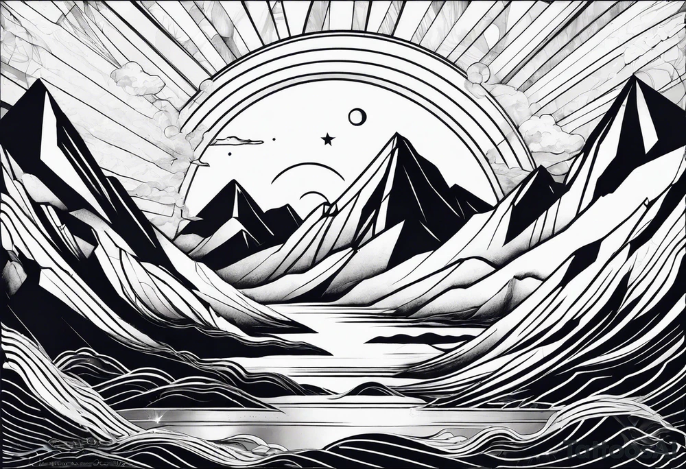geometric mountain, sea, space tattoo idea