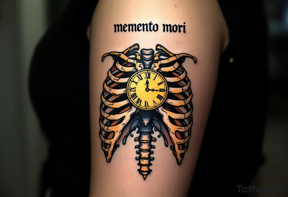 A detailed ribcage split open to reveal a golden clock, "memento mori" in bold black Roman script above. tattoo idea
