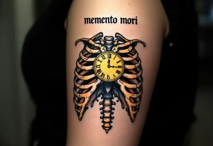 A detailed ribcage split open to reveal a golden clock, "memento mori" in bold black Roman script above. tattoo idea