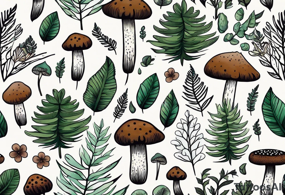 minimalistic forest floor inspired tattoo, which includes grass, moss, curly ferns and dead leaves as the bulk of the tattoo. details to include: forest berries, couple of very small brown mushrooms, a tiny bumblebee flying nearby tattoo idea