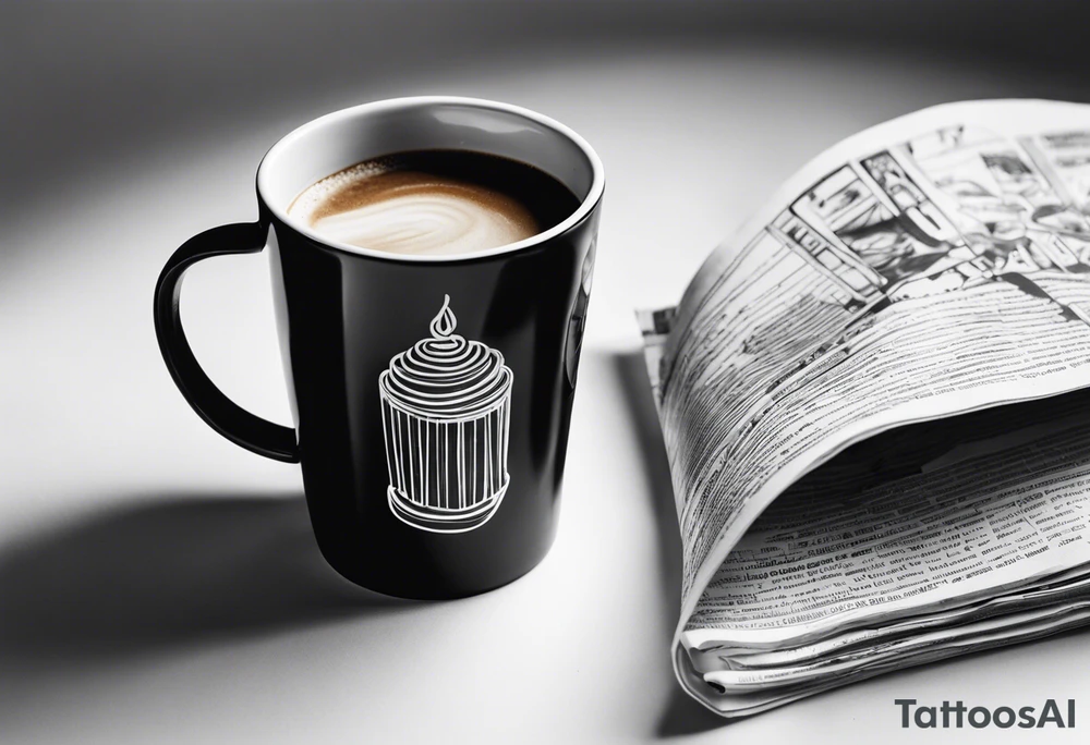 Cylindrical Coffee mug sitting on top of a folded newspaper, with a comb inside of the coffee mug tattoo idea