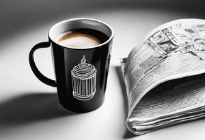 Cylindrical Coffee mug sitting on top of a folded newspaper, with a comb inside of the coffee mug tattoo idea