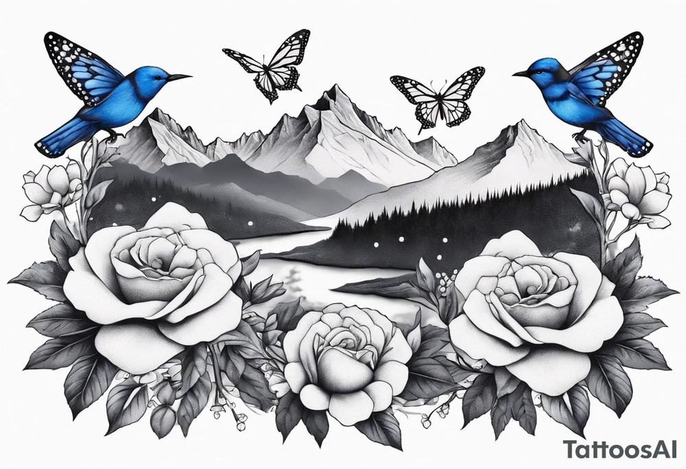 Rocky mountains with mountain blue birds and monarch butterflies with wild prairie roses tattoo idea