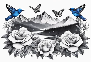 Rocky mountains with mountain blue birds and monarch butterflies with wild prairie roses tattoo idea
