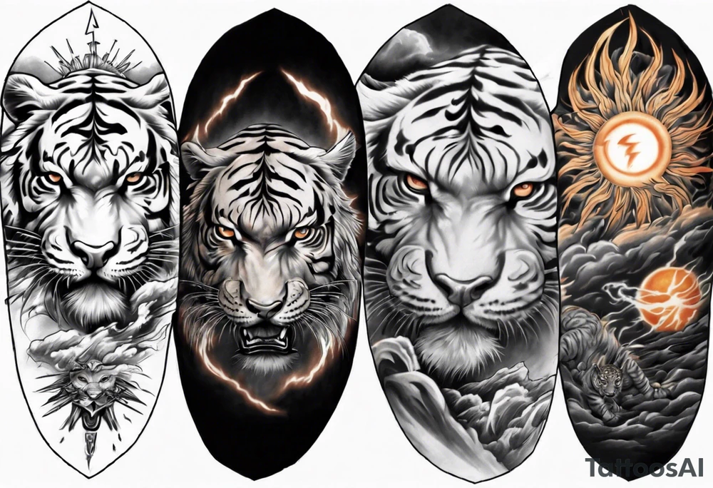 Tiger Warrior sleeve tattoo with lightning and the sun
Forearm sleeve tattoo idea