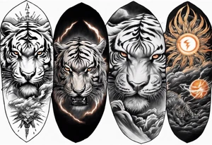 Tiger Warrior sleeve tattoo with lightning and the sun
Forearm sleeve tattoo idea