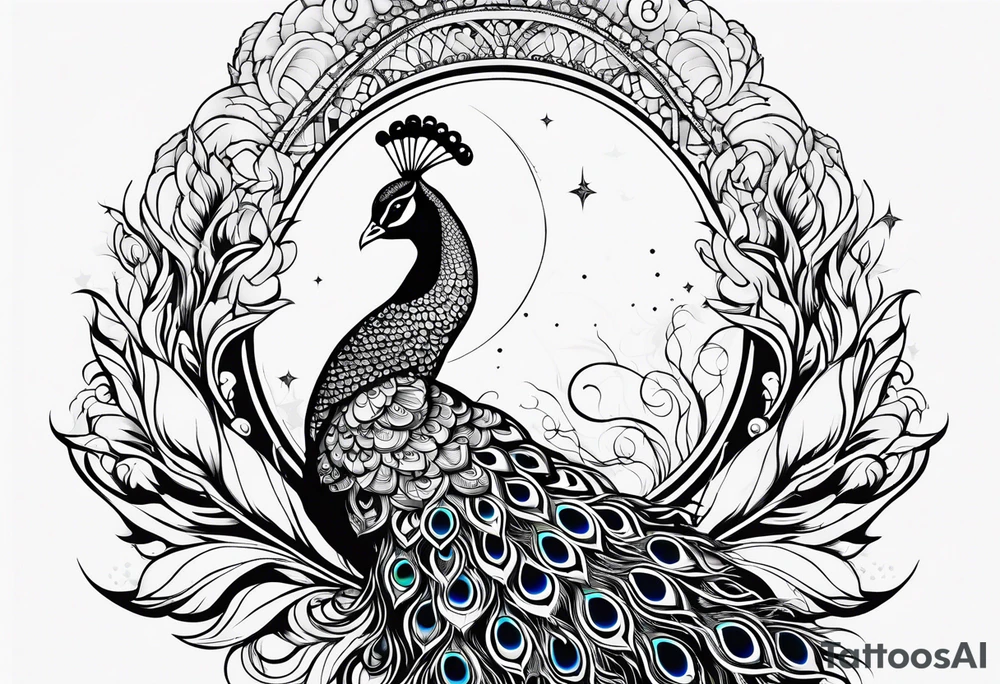 Peacock, moon, Orion, infinity tattoo idea