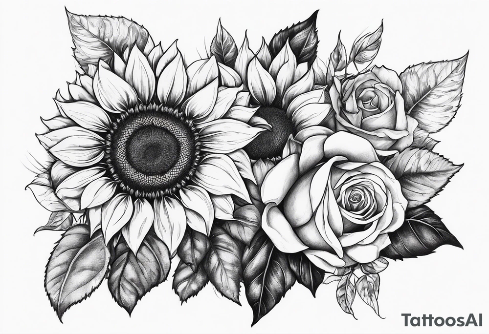 Sunflower and rose flower tattoo idea
