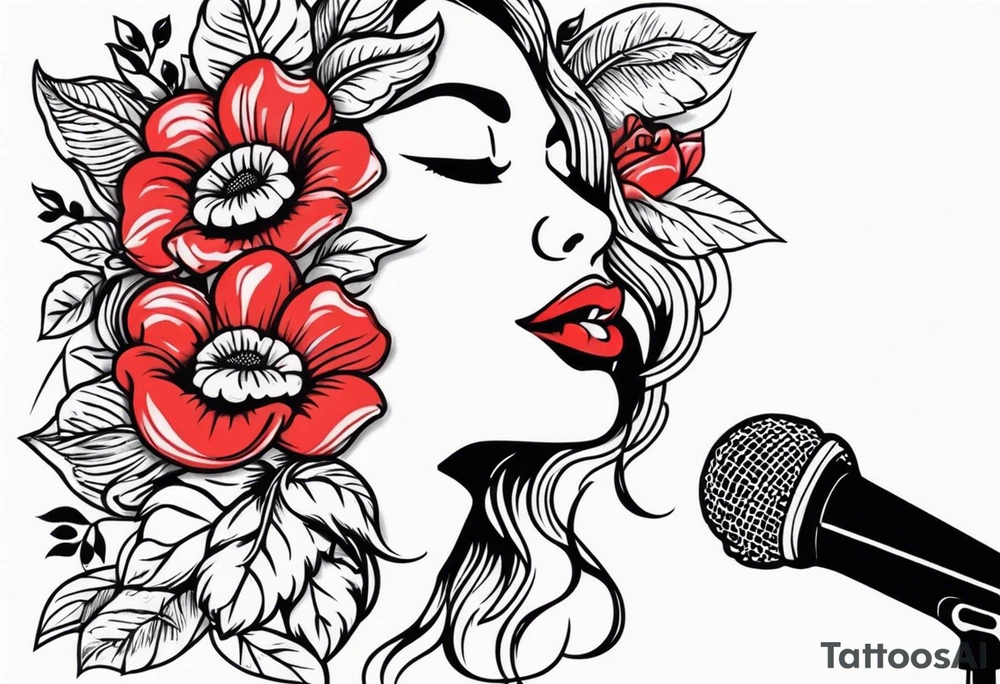 lips singing old school vintage traditional
flowers around and mouth next to microphone tattoo idea